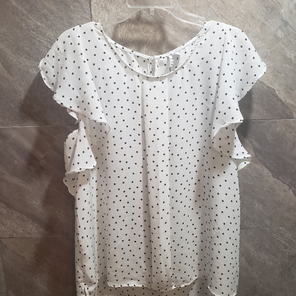 Elle White Polka Dot Women's Dress Shirt, Size XL